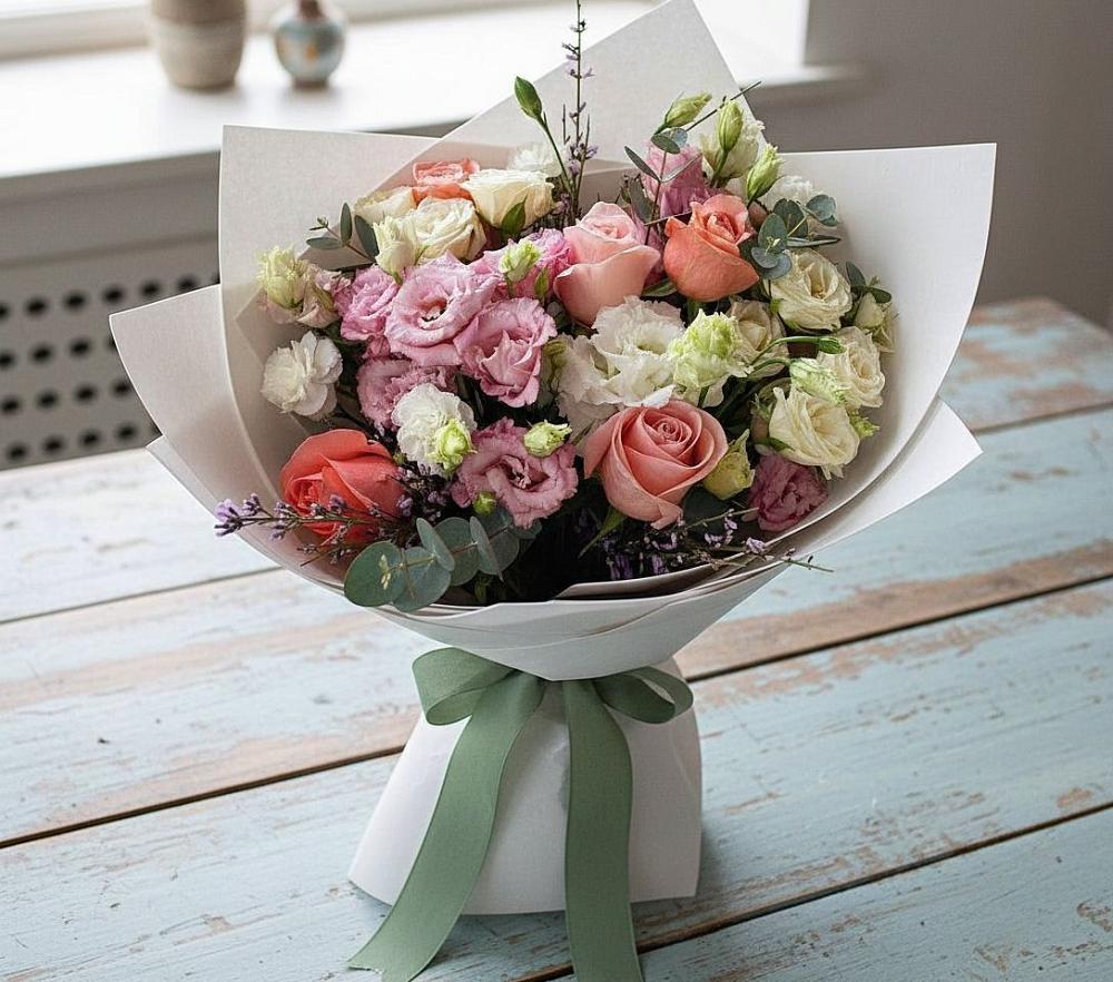 Букет цветов из: Розы, Лизиантусы и Гвоздики в Новой Криуше