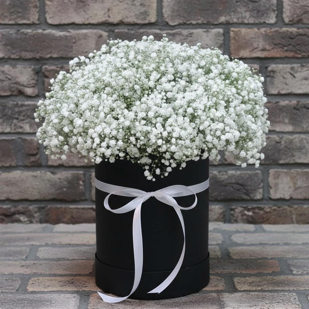 Цветочная композиция из Гипсофила в шляпной коробке в Новой Криуше