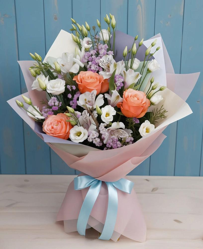 Букет цветов из: Лизиантусы, Розы, Альстромерии и Гипсофила в Новой Криуше